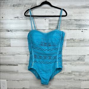 Turquoise Blue Crochet Style Adjustable Strap One Piece Swimsuit Size 16/XL